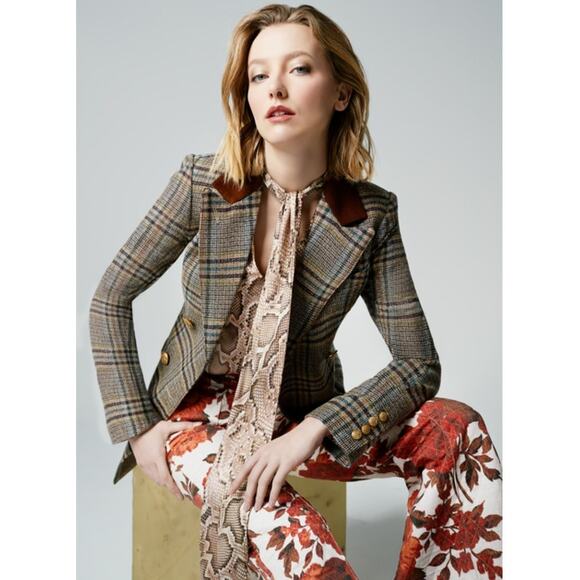 Smythe Jackets & Blazers - NWT SMYTHE Patch Pocket Wedding Blazer Tan Plaid Gold Buttons Size 8